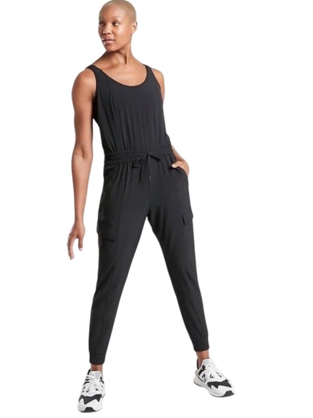 Athleta Unbound Jumpsuit Womens L Black Sleeveless V-Neck Elastic Waist Pockets